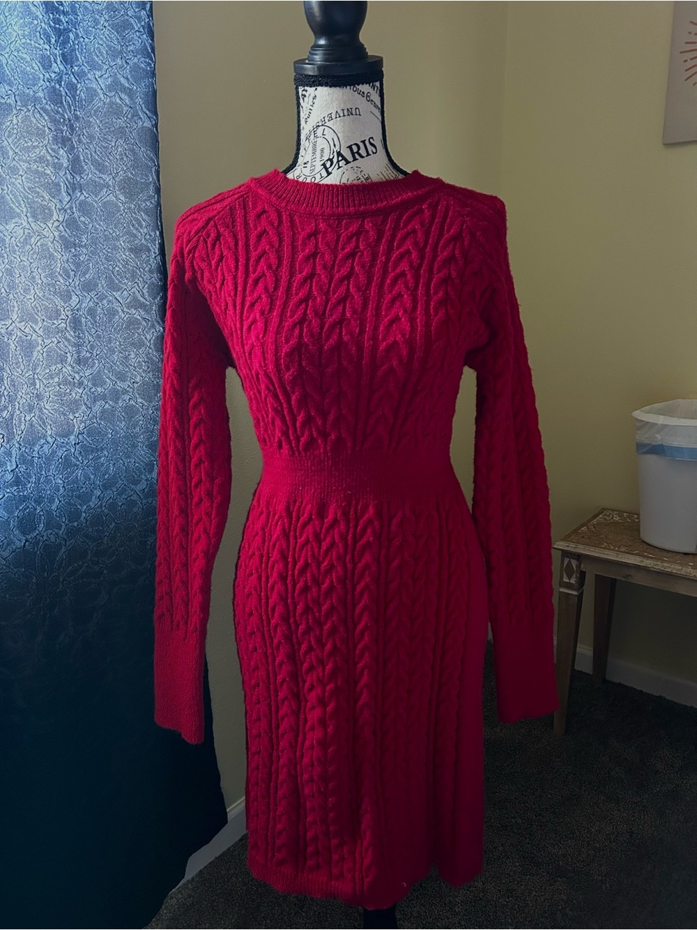Red Cable-Knit Long Sleeve Sweater Dress